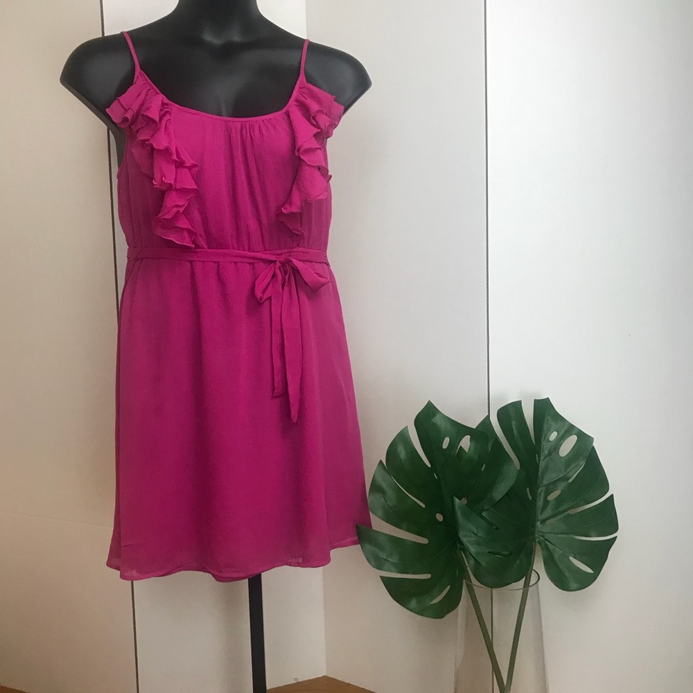 Hot Pink Ruffled Summer Dress With Tie